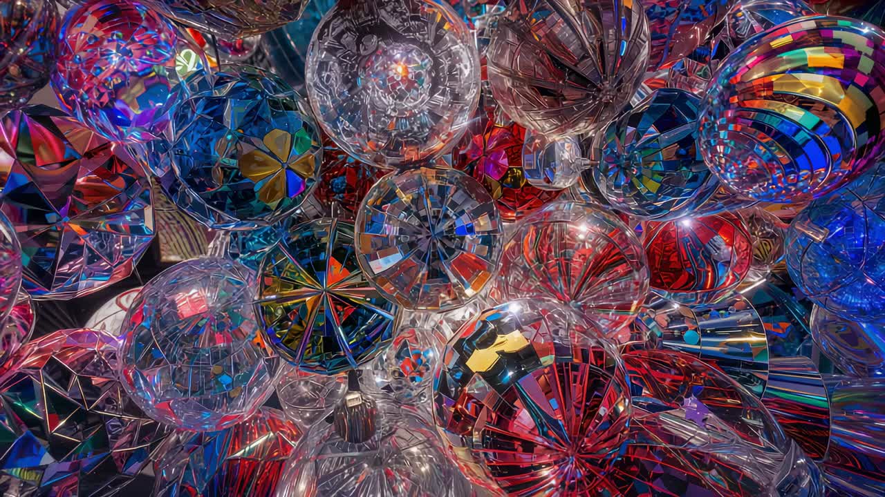 Moving camera approaching faceted sphere cluster at gallery, revealing mirrored panels' LED bands