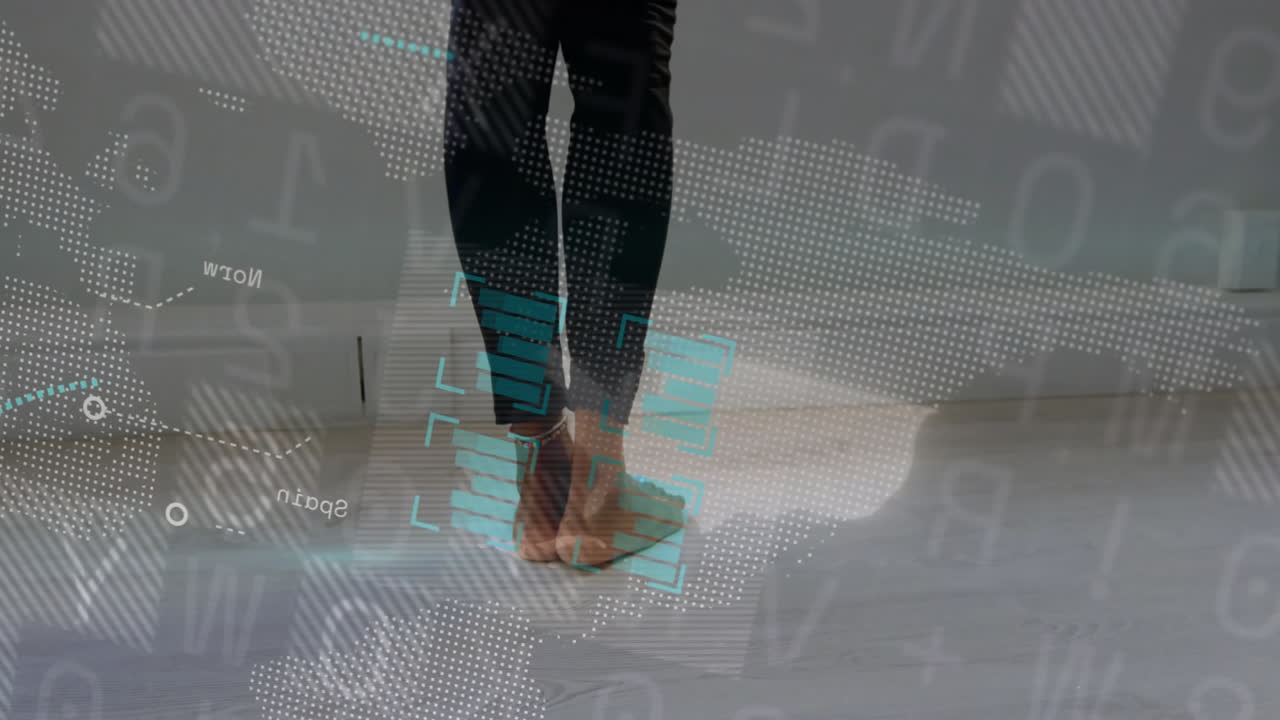 Person walking barefoot over digital data and network connections animation
