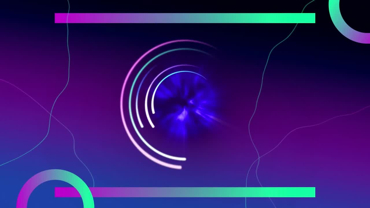 Animation de cercles néon sur un espace violet avec des lignes.