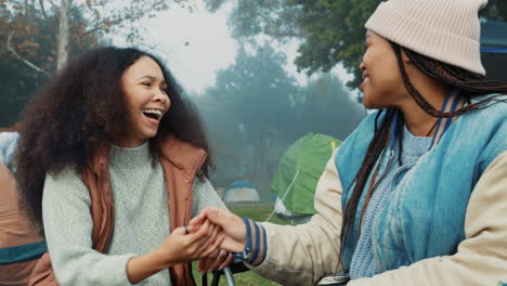 camping, laughing and friends in conversation