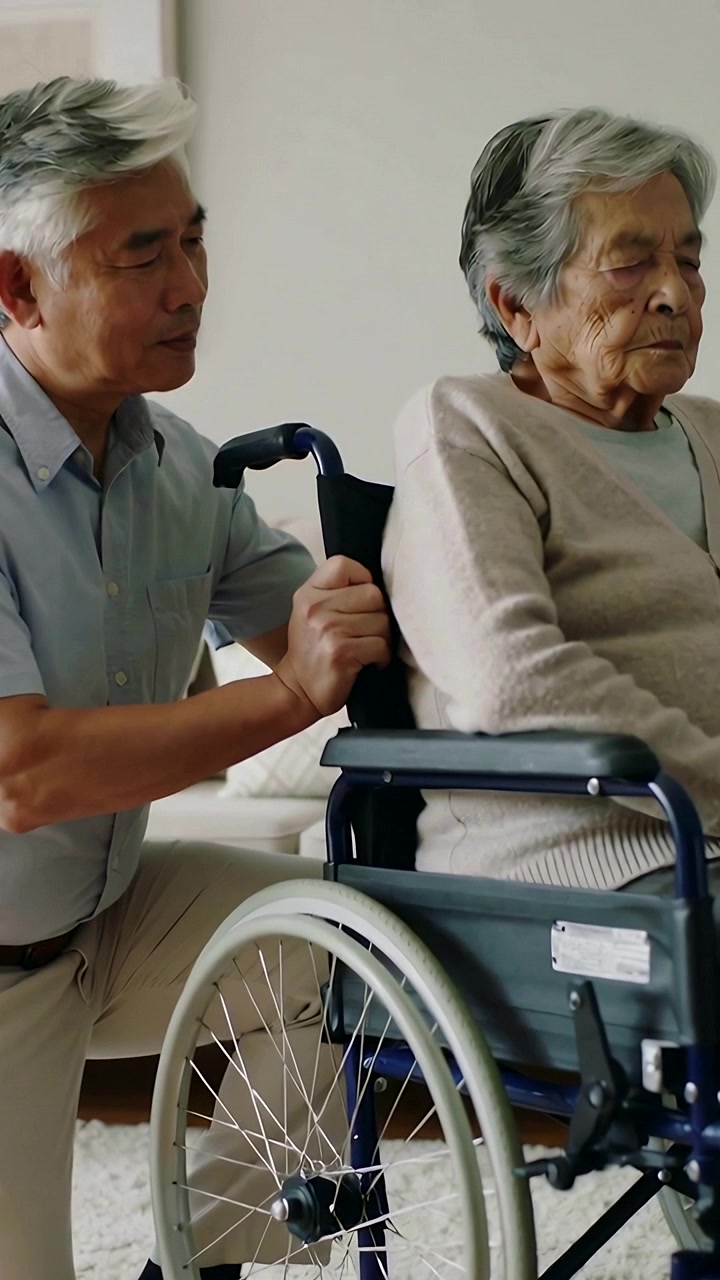 Video verticale: Figlio che aiuta, inginocchiato a sistemare la cinghia della sedia a rotelle e a sostenere la mamma a casa con un top blu.
