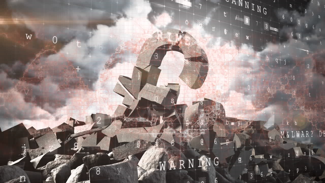 데이터 처리 및 바이러스 경고의 애니메이션이 무너진 파운드 표지판 위에 있습니다.