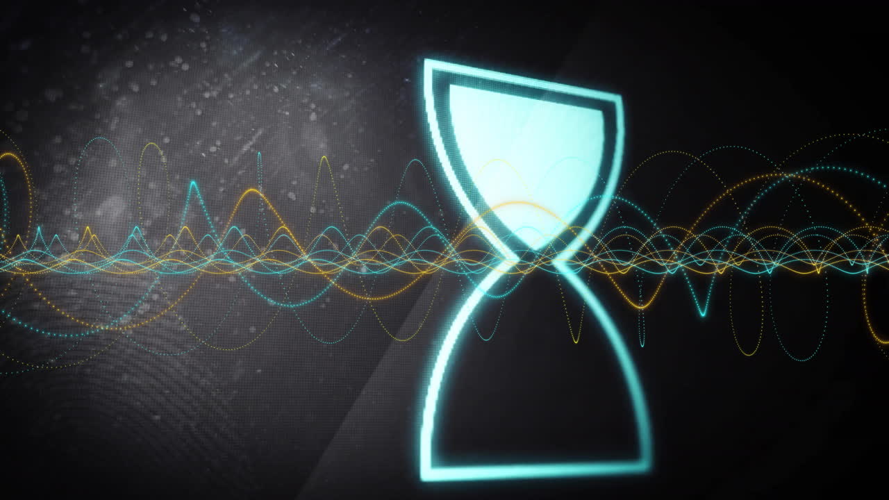 Animation of loading hourglass icon over spirals on black background