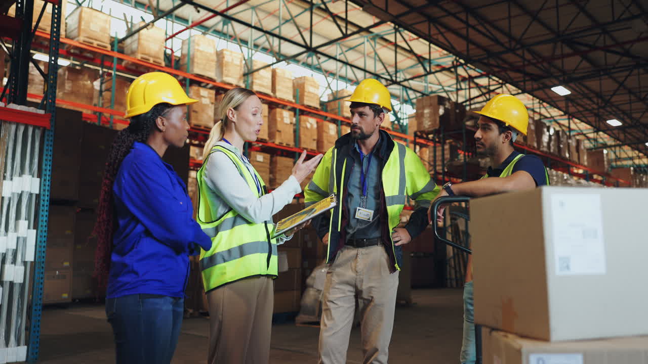 Warehouse workers discussing logistics