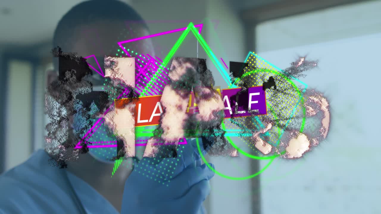 animación de texto de venta instantánea sobre una doctora afroamericana con vacuna