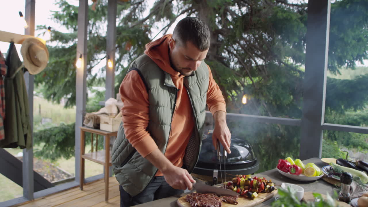 Food Blogger Cutting Beef Steak on Outdoor Terrace