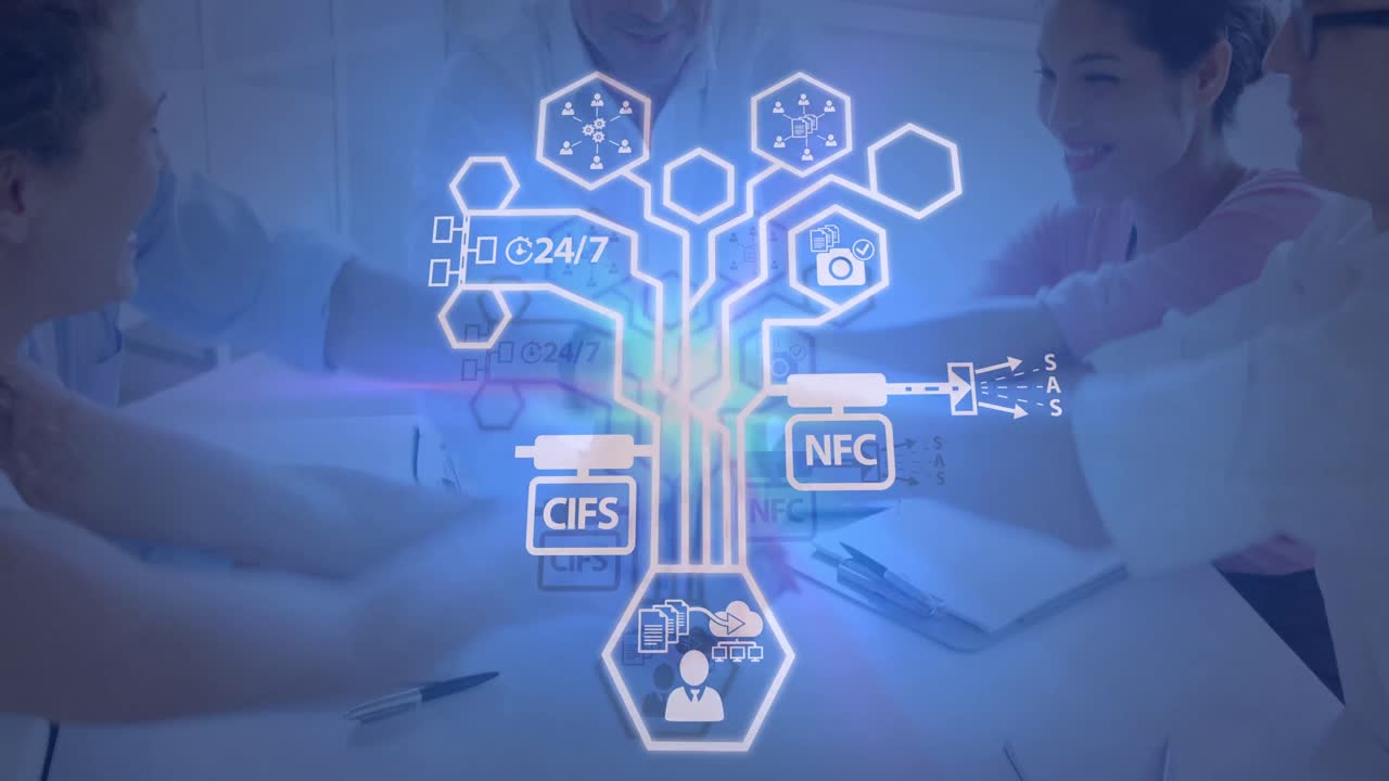 animación de iconos de la tecnología sobre diversos empresarios en la oficina