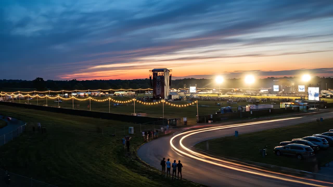 Time-lapse af udendørs musikfestival i skumringen med lysspor fra biler