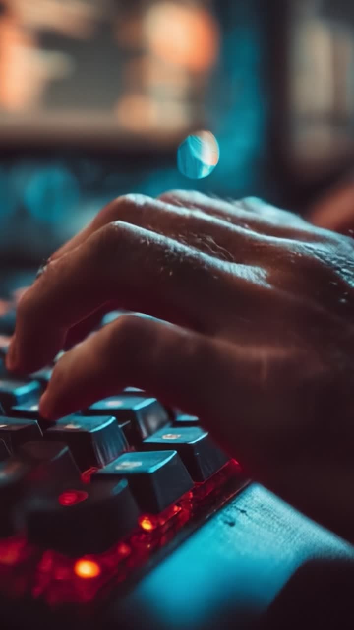Close-Up of a Hand Typing on a Backlit Mechanical Keyboard, Capturing the Focus and Intensity of Gaming or Coding in a Dimly Lit Environment