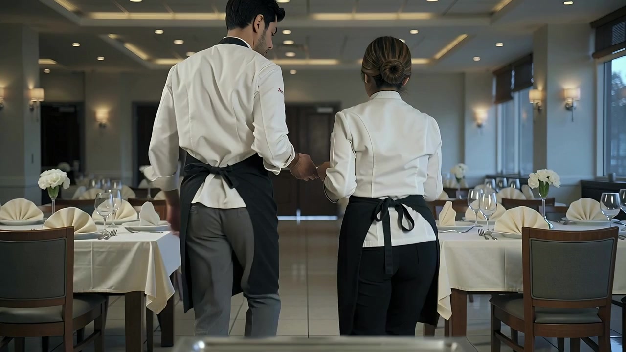 Comienza el servicio, dos chefs trasladan un plato en un carrito por el comedor con chaquetas y delantales