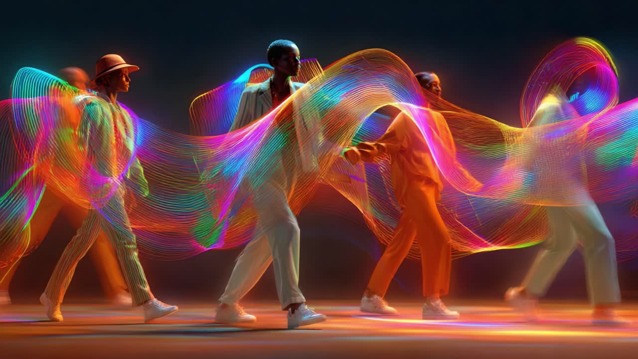 A Captivating Display of Movement and Color: Vibrant Figures Glide Through a Dreamlike Spectrum of Light, Creating a Mesmerizing Visual Experience of Dance and Energy