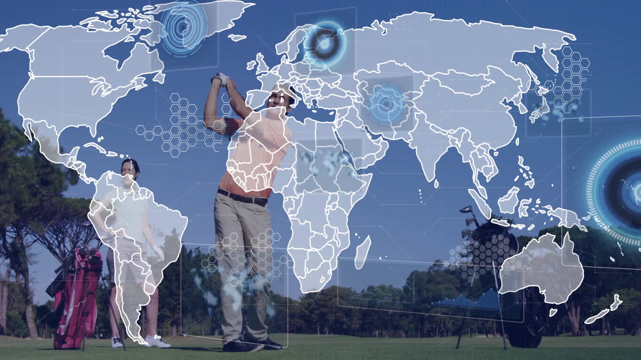 Swinging golf club, golfer with animation of world map and data overlays