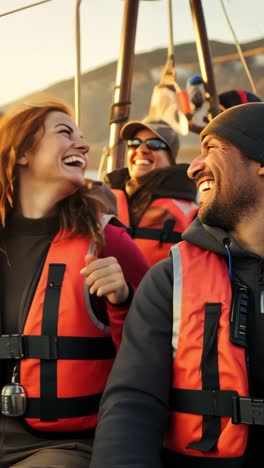 happy friends enjoying a boat ride at sunset on a lake