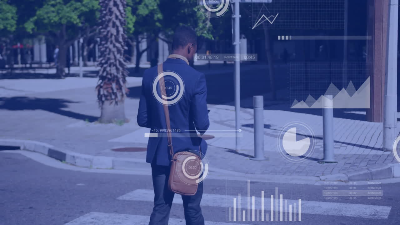 hombre de negocios caminando por la calle con análisis de datos y gráficos sobre animación