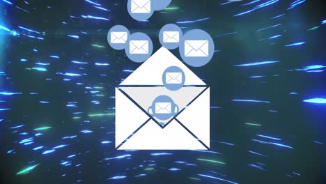 Message-icons-coming-out-of-envelope-against-blue-light-trails