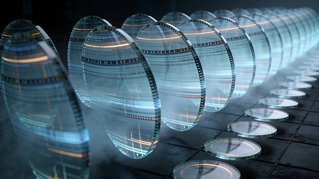 Shifting camera starting glass disc row sliding across runway with lit bases and mist for show