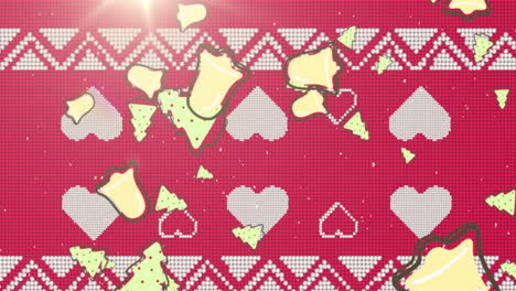 multiple christmas tree and bell icons falling against christmas traditional pattern with hearts