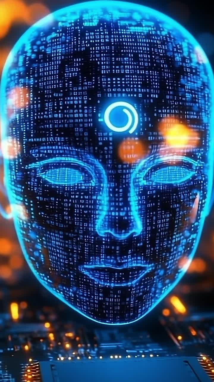 Futuristic AI concept art. A digital representation of a glowing face emerges from a circuit board, showcasing advanced technology and innovation.