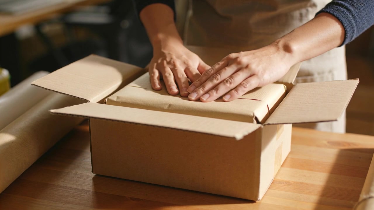 Lifting inner flap, woman in dark top and apron centering kraft parcel in box, preparing shipment