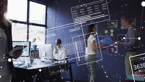 Animation-of-graphs,-loading-squares-and-connected-dots,-diverse-coworkers-discussing-reports