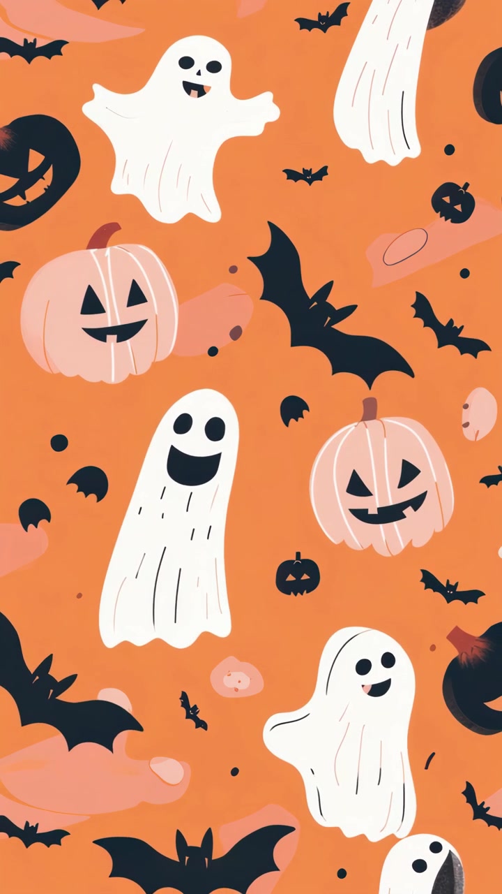 Motivo animato di Halloween con fantasmi, zucche e pipistrelli