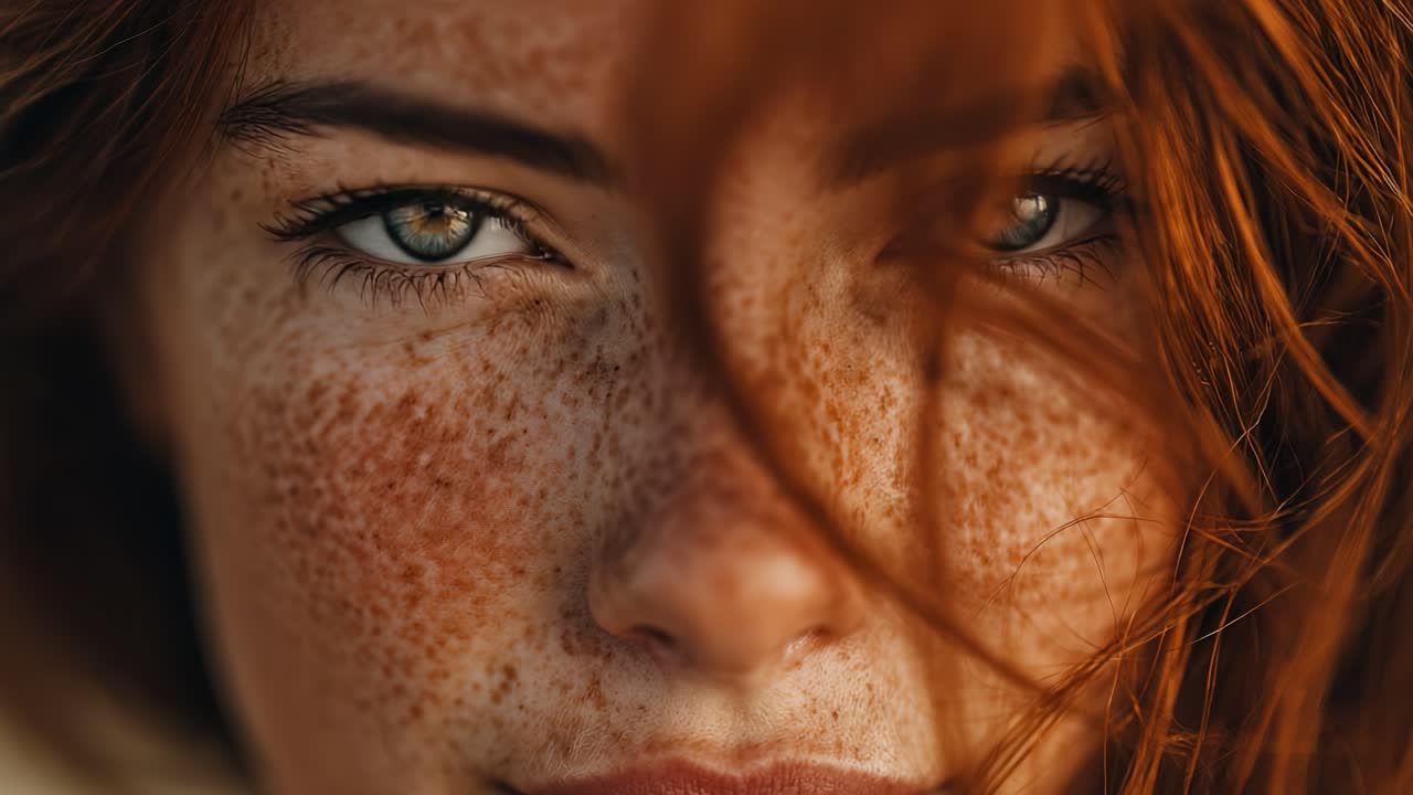 Close-Up Portrait of a Young Woman with Striking Freckles and Beautiful Blue Eyes, Capturing the Essence of Natural Beauty and Emotion in a Stunning Light