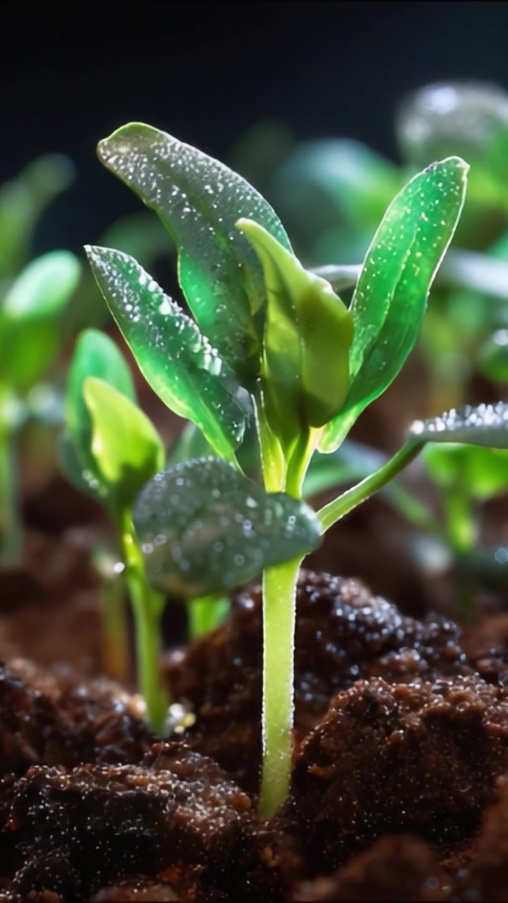 Primer plano de brotes verdes frescos emergiendo de tierra fértil, brillando con gotas de rocío, que significan crecimiento y renovación en un entorno natural.