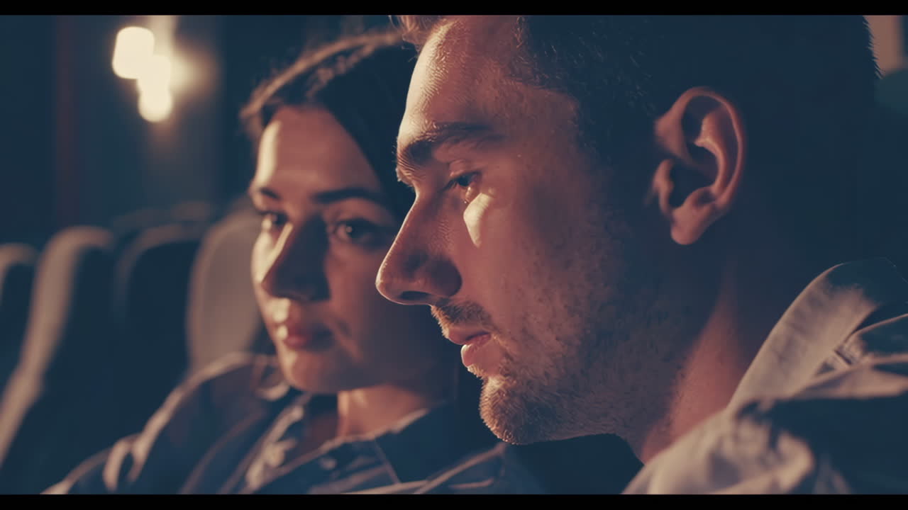 Couple and friends watching a movie in a dark cinema hall