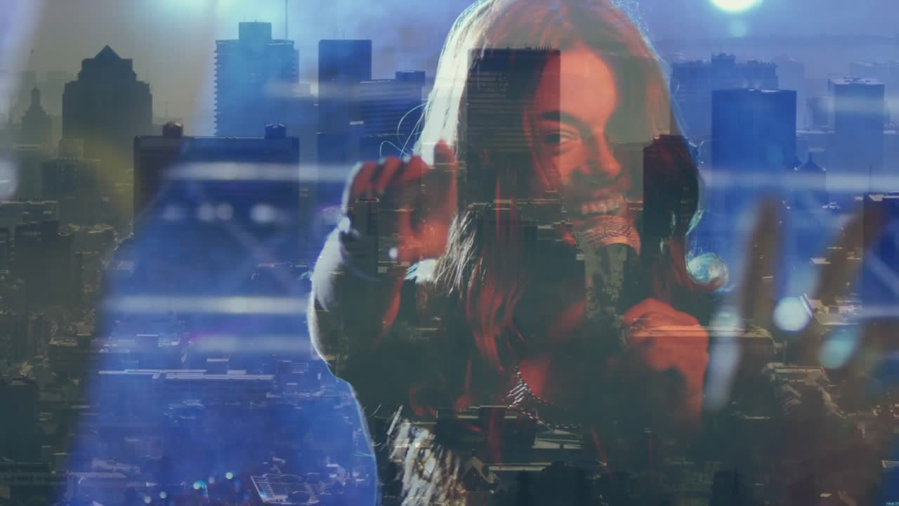 Music building leading female singer lifting arm pointing camera with streaks drifting over skyline