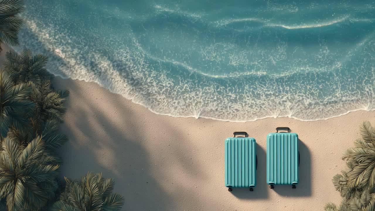 A Serene Beachscape Featuring Two Stylish Suitcases Awaiting Adventure by the Turquoise Waves and Lush Palm Trees for the Ideal Travel Experience