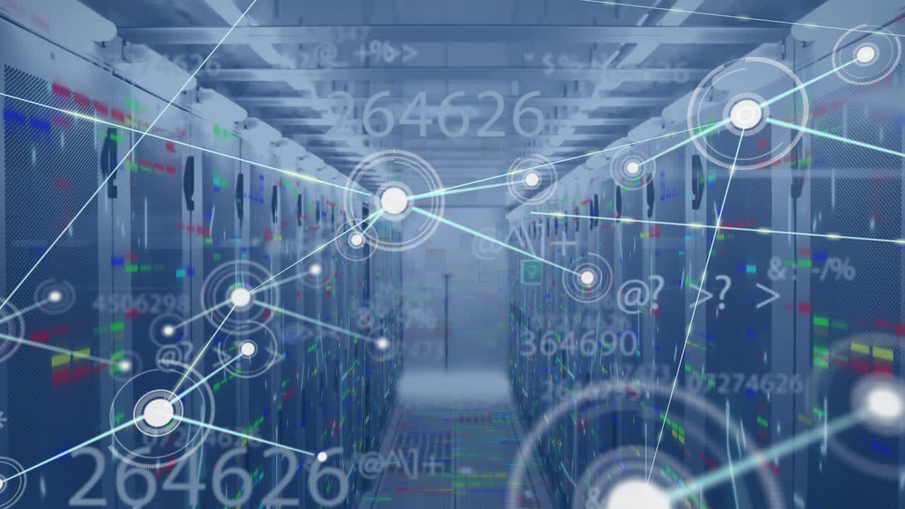 Animation of network of connections with digital icons and numbers over computer servers