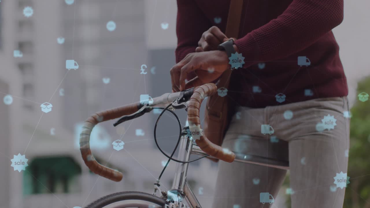 도시에서 자전거로 시간을 확인하는 사람 위에 디지털 아이콘으로 네트워크의 애니메이션