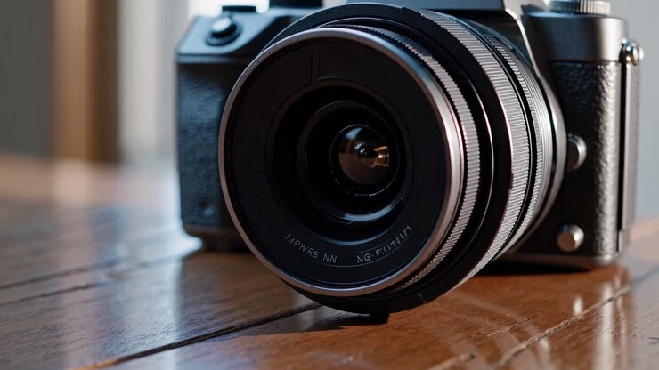 Close-up shot of a modern camera on a wooden table, capturing the lens in focus