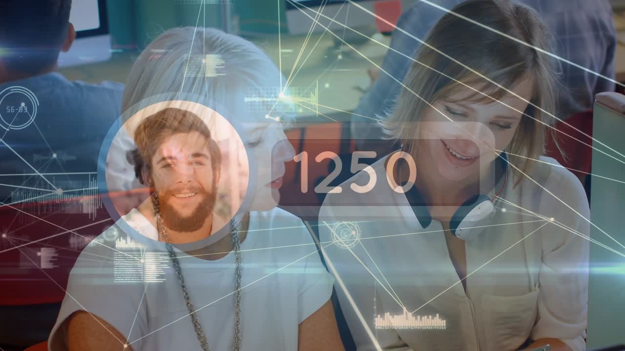 Animation of network of connections and user icon over caucasian female coworkers in office