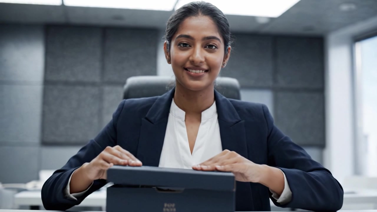 A Grateful Employee Unveiling Appreciation Gifts in the Office, Celebrating Professional Achievements with a Warm Smile and a Thoughtful Thank You Card
