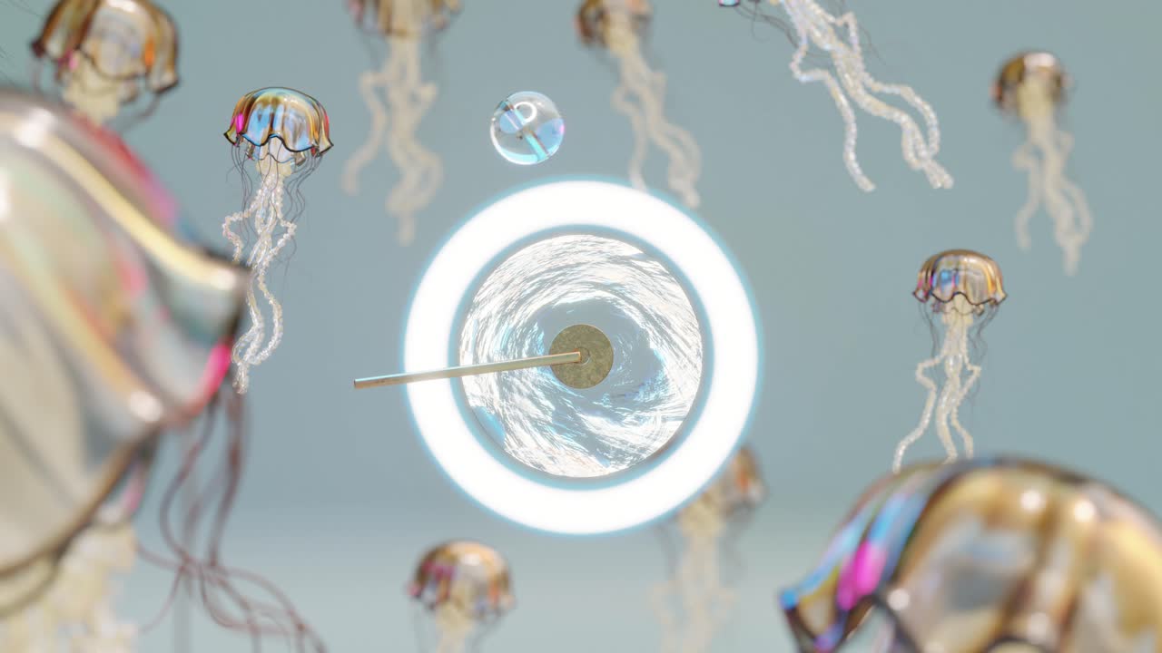 3D rendering of illuminated lever hitting ball near jellyfishes