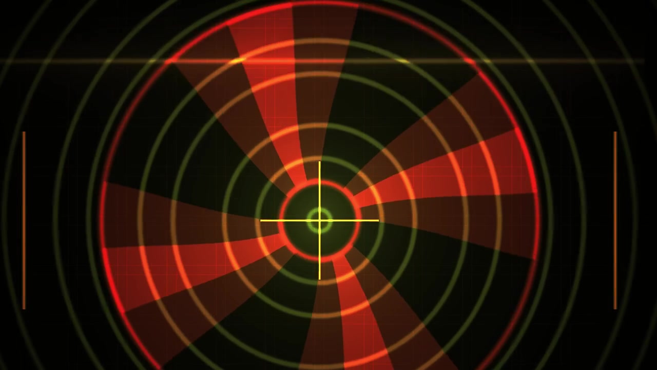 Pantalla de radar futurista con retícula de escaneo y objetivo giratorio.