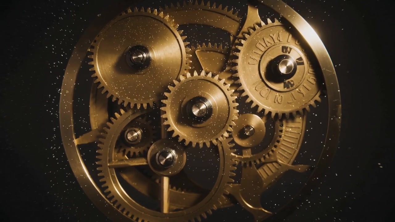 Powering brass gear assembly rotating in studio, transferring torque with engraved wheel, particles