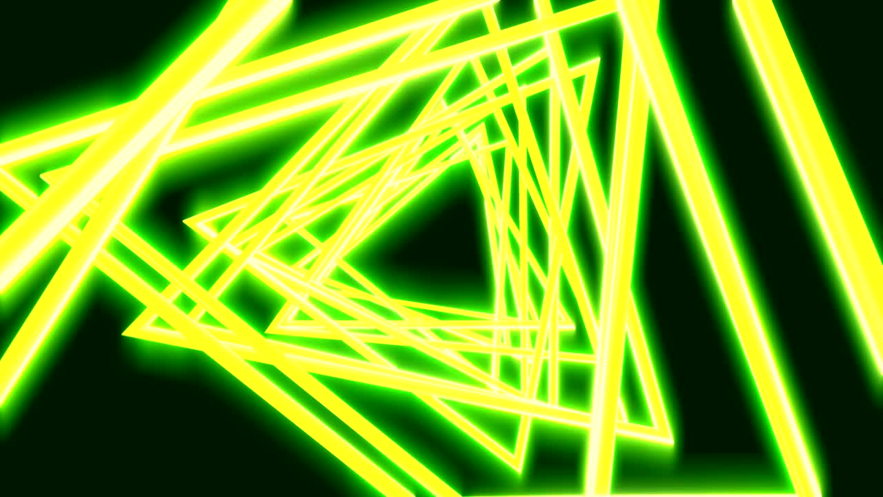 brillantes triángulos de luz de neón en color negro. colorido fondo geométrico fluorescente abstracto. renderización 3d futurista en bucle. animación de moda moderna para diseño de transmisión, espectáculo, club.