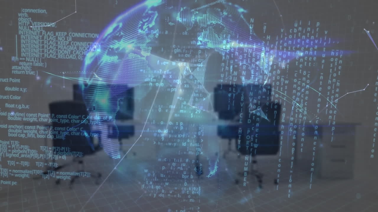 세계를 형성하는 플렉서스 네트워크의 애니메이션과 오피스 데스크에 대한 데이터 처리