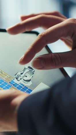vertical video photovoltaics factory technician monitors system performance on tablet, closeup