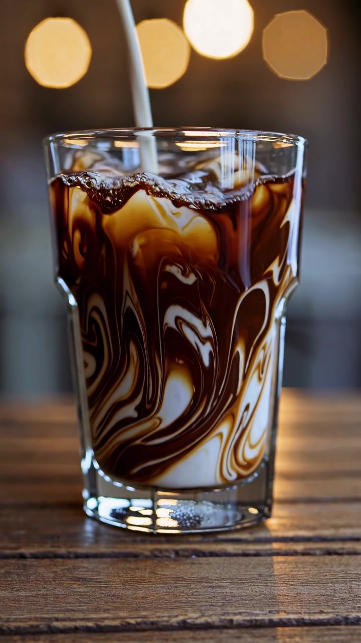 Leche vertiéndose y arremolinándose en café en cámara lenta.