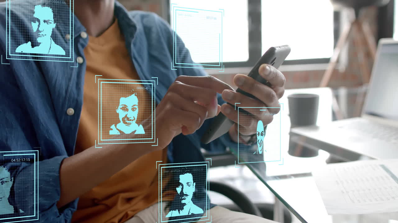 animación del procesamiento de datos financieros sobre un empresario afroamericano en el cargo