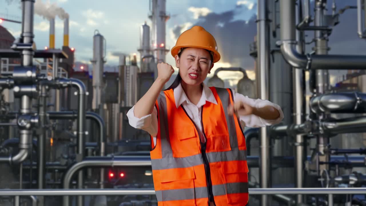 Excited Female Engineer Celebrating Success in a Factory
