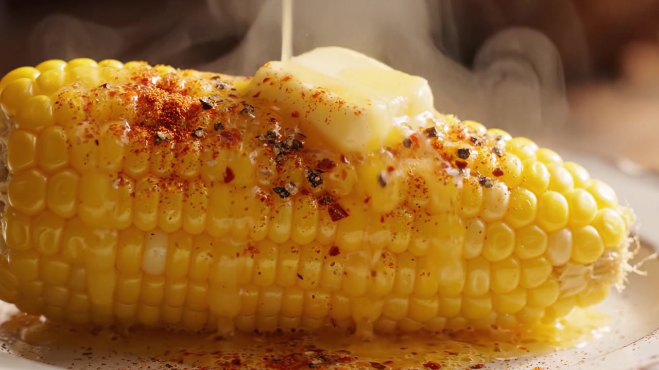 Du maïs en épi délicieusement beurré, garni d'épices et d'assaisonnements, évoquant l'expérience idéale du barbecue estival et l'indulgence culinaire.