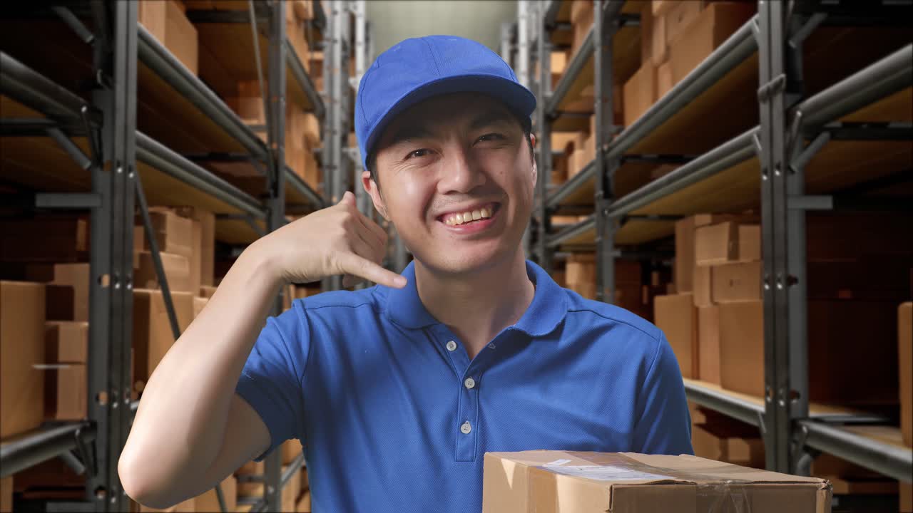 trabajador del almacén haciendo un gesto telefónico con el paquete