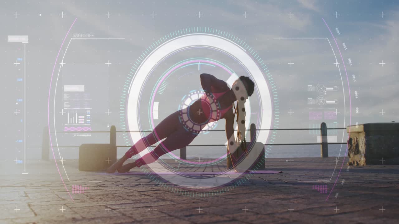 animación de estadísticas y gráficos sobre mujeres haciendo ejercicio en el paseo marítimo