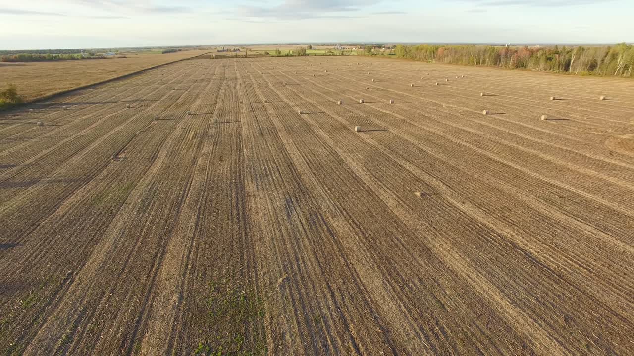 Luftaufnahme eines abgeernteten Feldes und großer Strohrundballen mit rückwärts fliegender Drohne