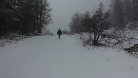 drone shot following a man walking in the snow.