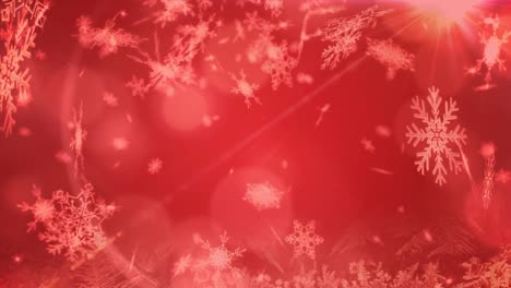 copos de nieve y manchas de luz que se mueven contra un fondo rojo